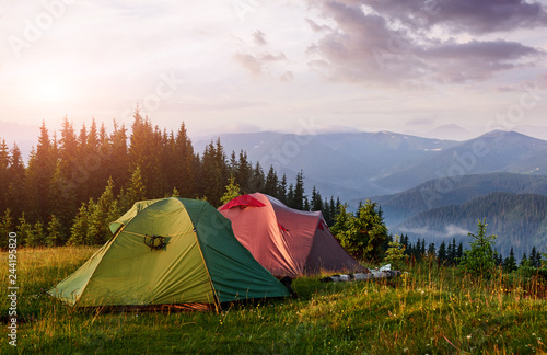 Tourist tents are in the green misty forest at the mountains at sunset. Carpathian of Ukraine Europe