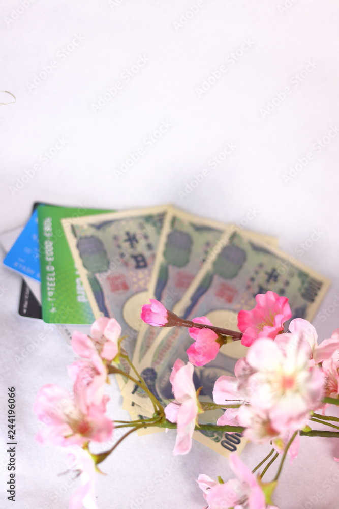 日本のお金(お札)とクレジットカードと桜の花(白背景) 日本のお金(お札)とクレジットカードと桜の花(白背景)