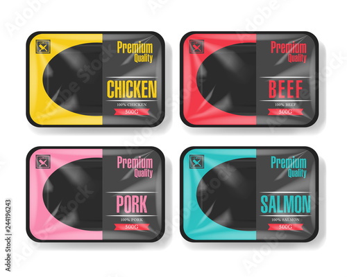 Plastic tray container with cellophane cover. Mockup template for your design. Plastic food container with label template. Vector illustration.