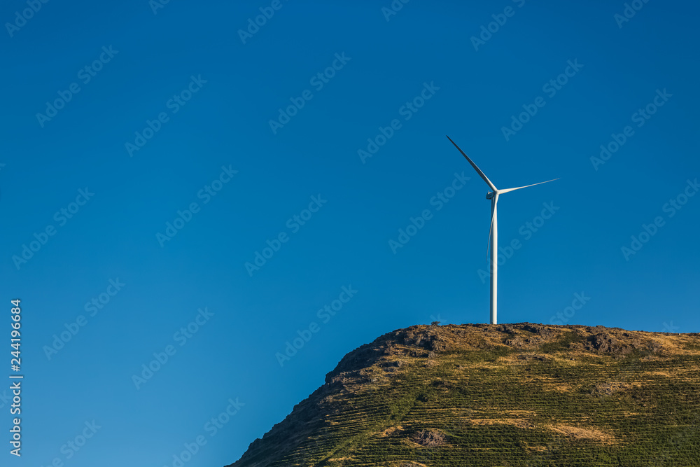 View of a wind turbine on top of mountains, in Portugal