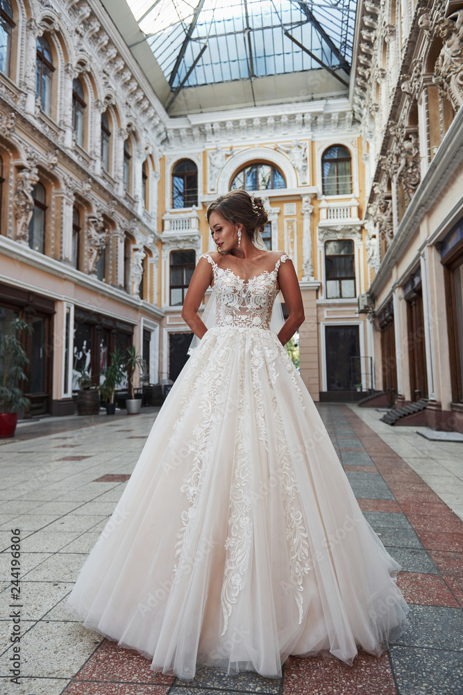 Obraz premium Beautiful delicate young woman, sexy bride in luxurious wedding dress