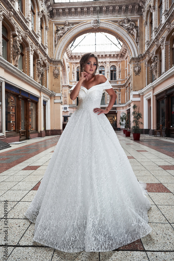 Obraz premium Beautiful delicate young woman, sexy bride in luxurious wedding dress