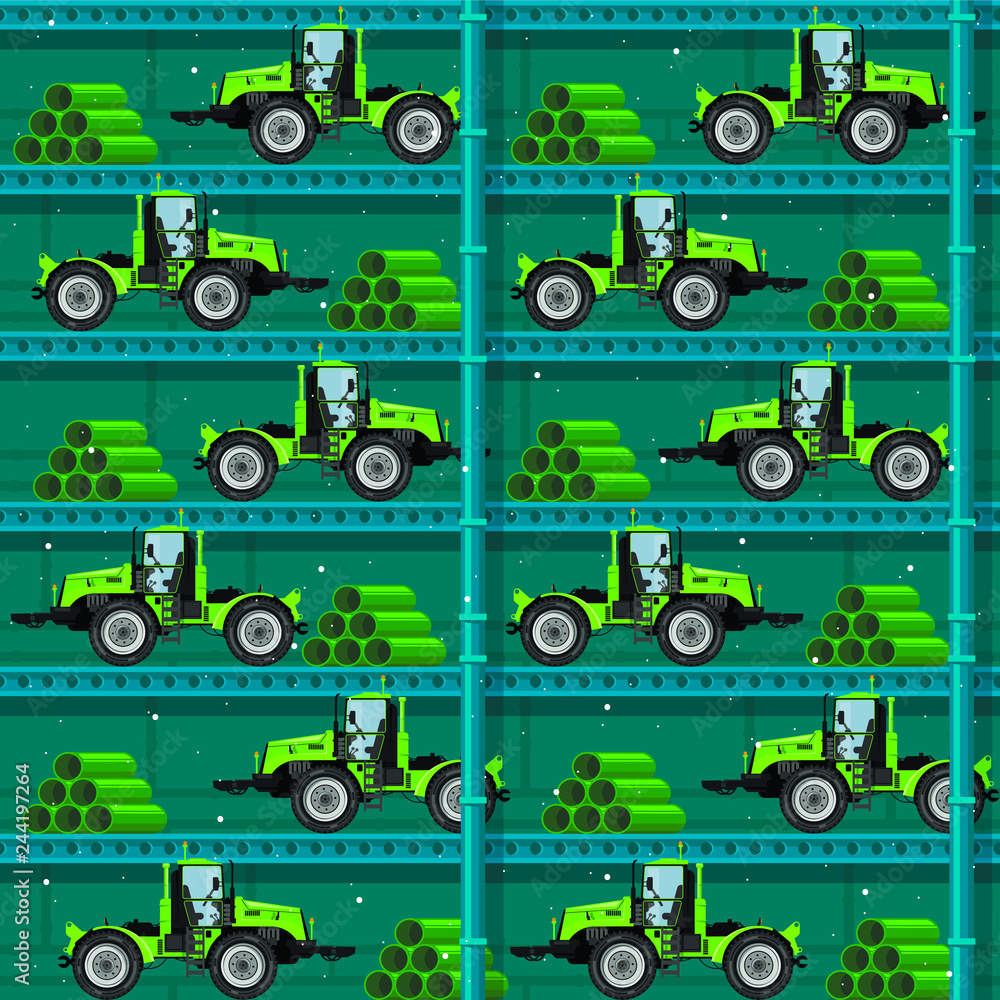 Seamless patterns with tractors. For decoration, wrapping, print or advertising. 