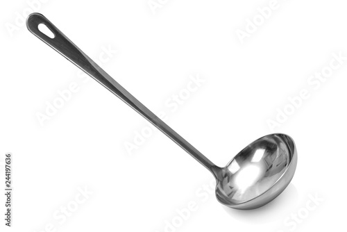 Metal kitchen soup ladle isolated on white background in close-up photo
