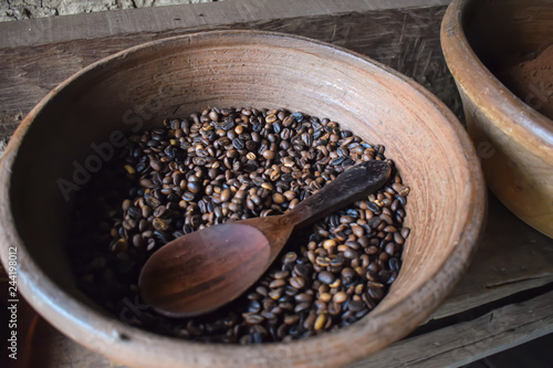 Freshly roasted Luwak coffee beans in a bowl at Bali Indonesia