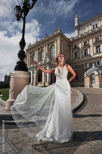 Bride near the castle. Bride in a wedding dress near the castle in the nature. photo