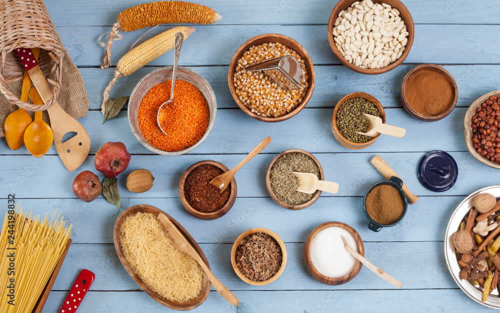 cereal dry food over wooden table cereal dry food over wooden table