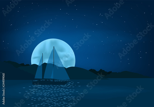 Yacht sails on the background of the moon