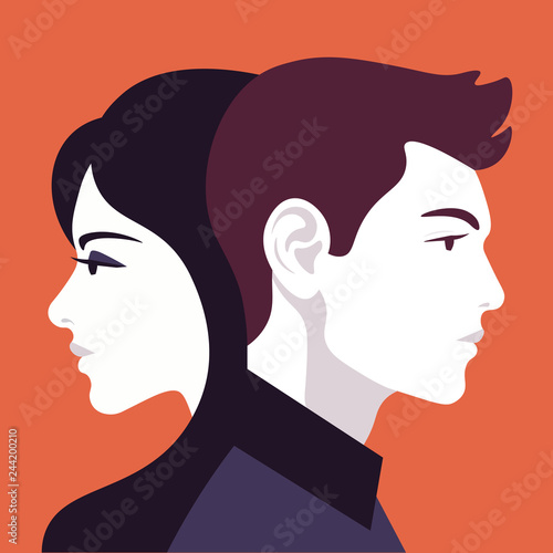 Woman and man in profile. Family relationships and gender conflict. Psychology. Husband and wife. Vector flat illustration