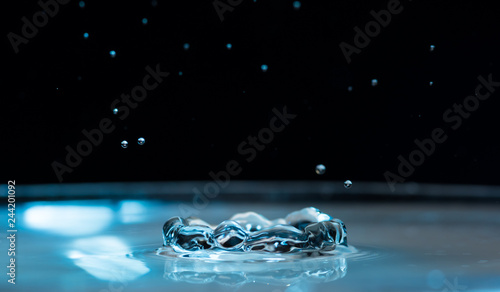 Splashed out and splashed from a falling drop on a colored or black background