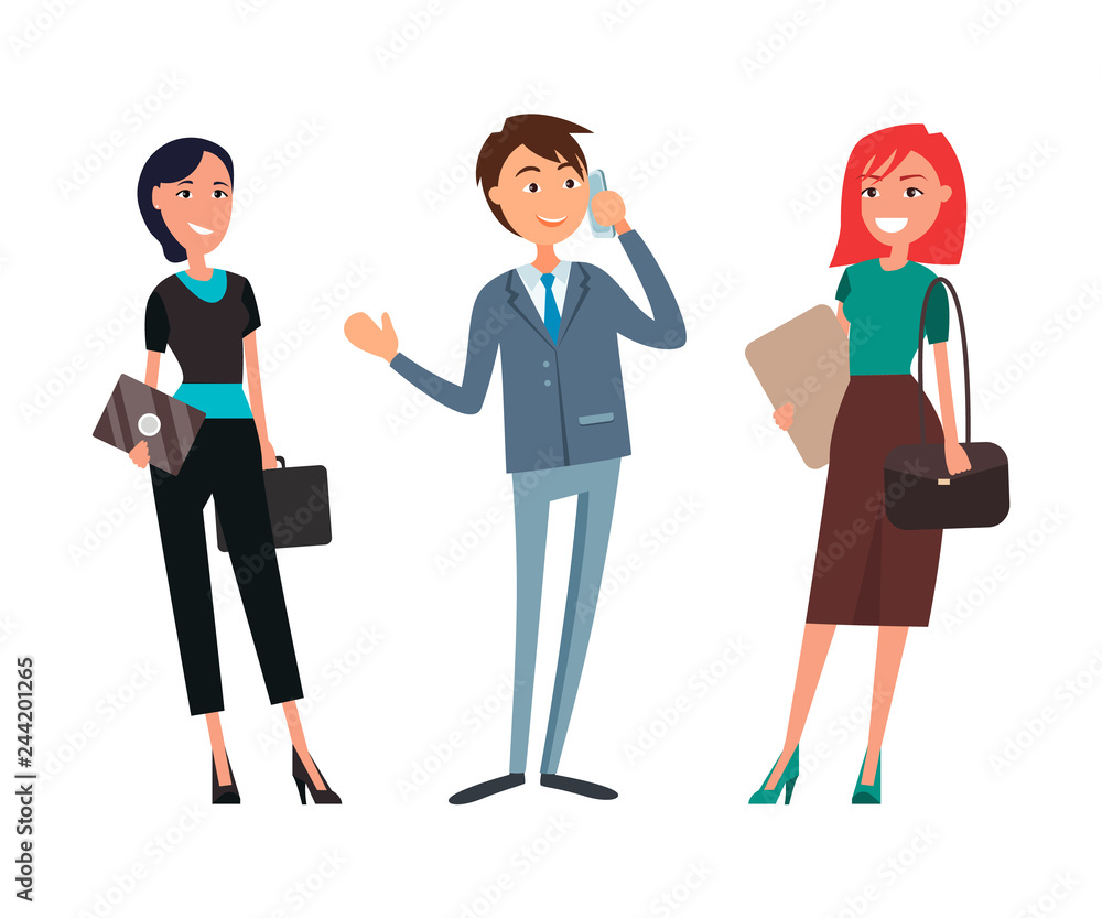 Businessman Talking on Phone Businesswoman Smiling Businessman Talking on Phone Businesswoman Smiling