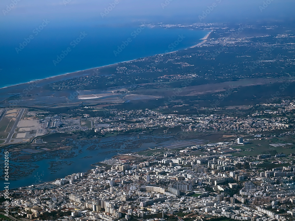 Aerial view of Faro in Portugal seen from an airplane