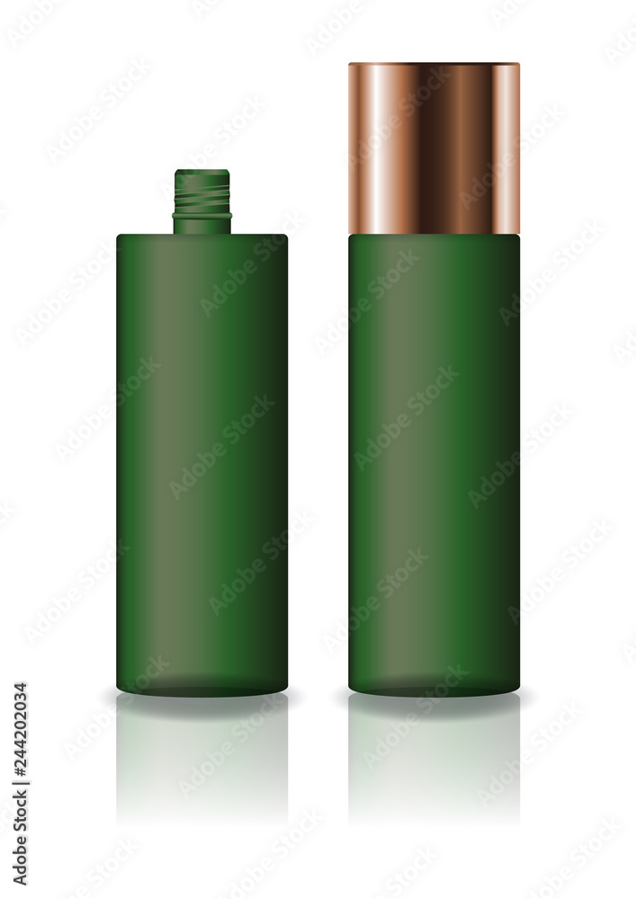 Blank green cosmetic cylinder bottle with screw lid for beauty or healthy product. Isolated on white background with reflection shadow. Ready to use for package design. Vector illustration. Blank green cosmetic cylinder bottle with screw lid for beauty or healthy product. Isolated on white background with reflection shadow. Ready to use for package design. Vector illustration.