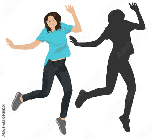 Shadow silhouette of people jump. Vector illustration of a jumping girl