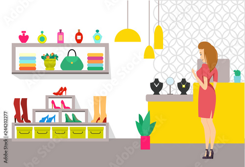 Shopping Female at Store with Accessories Vector