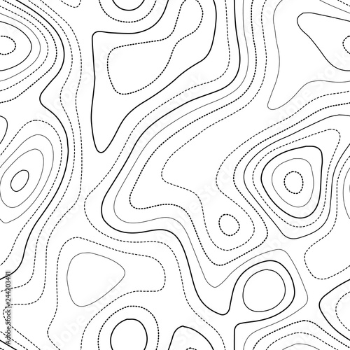 Topographic map lines. Admirable topography map. Black and white seamless design, fantastic tileable isolines pattern. Vector illustration.