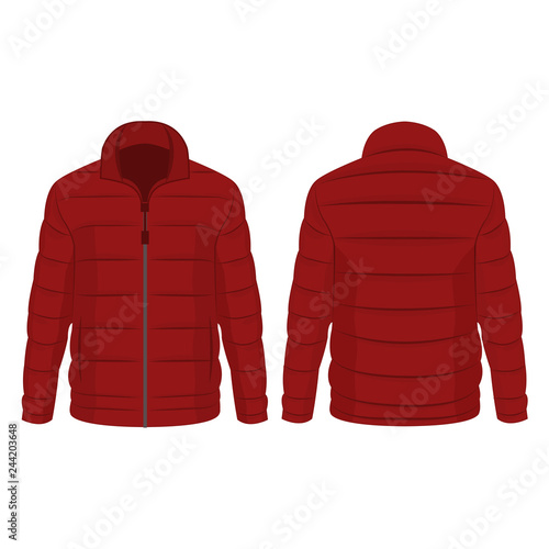Dark red winter zipped down jacket isolated vector on the white background