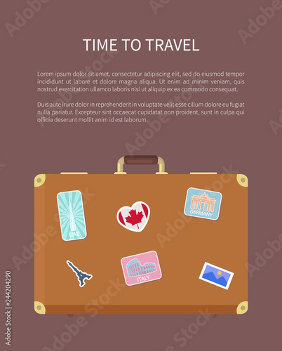 Time to Travel Poster with Text and Luggage Vector