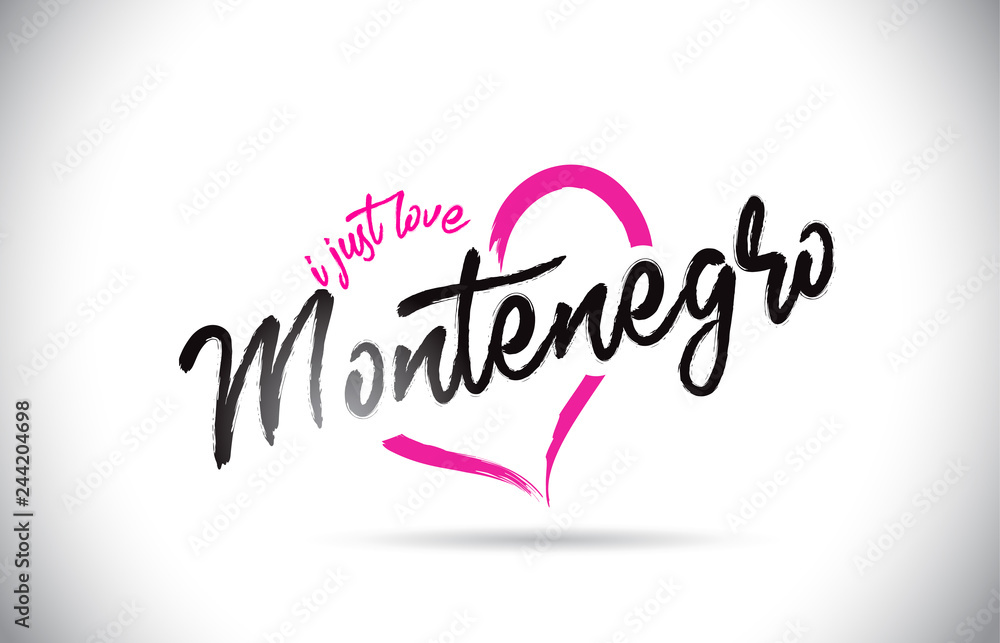 Montenegro I Just Love Word Text with Handwritten Font and Pink Heart Shape. Montenegro I Just Love Word Text with Handwritten Font and Pink Heart Shape.