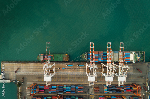 Aerial view container ship to sea port loading container for import export or transportation. shipping business logistic. Trade Port and Shipping cargo to harbor, International transportation.