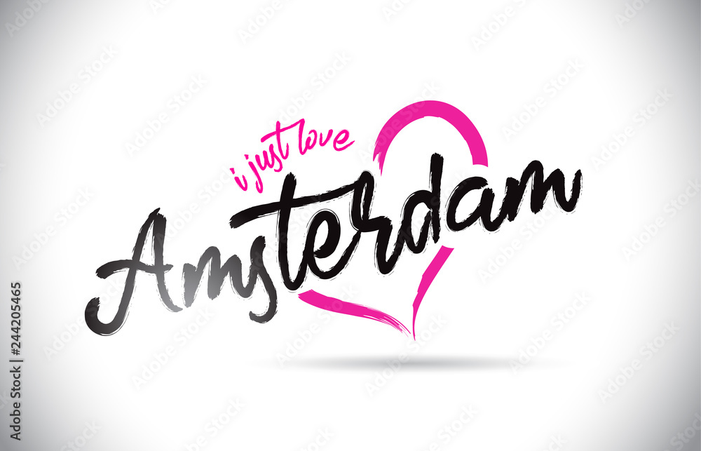 Amsterdam I Just Love Word Text with Handwritten Font and Pink Heart Shape.