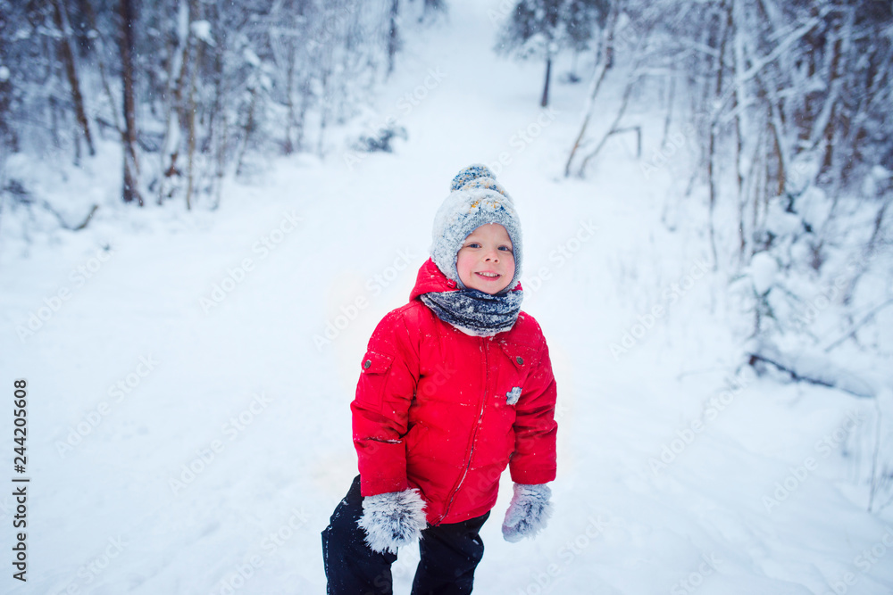 cute boy winter walk in forest