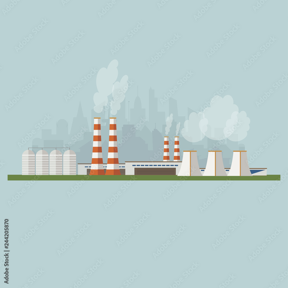 vector flat illustration of industrial zone, factory or power plant not far from the city
