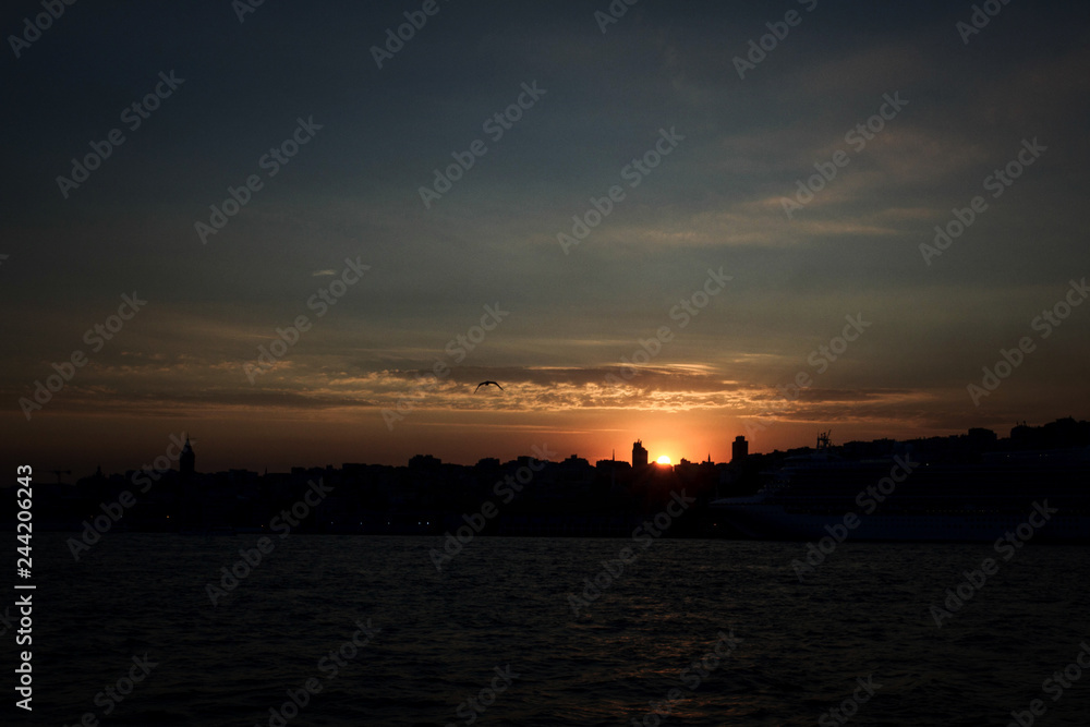 Panorama of Istanbul in the rays of setting sun. View from Bosporus Strait