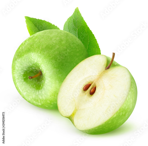 Isolated fruits. Cut green apples isolated on white background with clipping path
