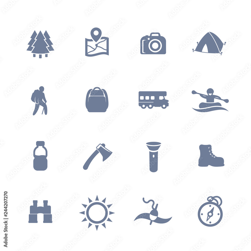 Fototapeta premium Hiking, camping, outdoor adventures icons set