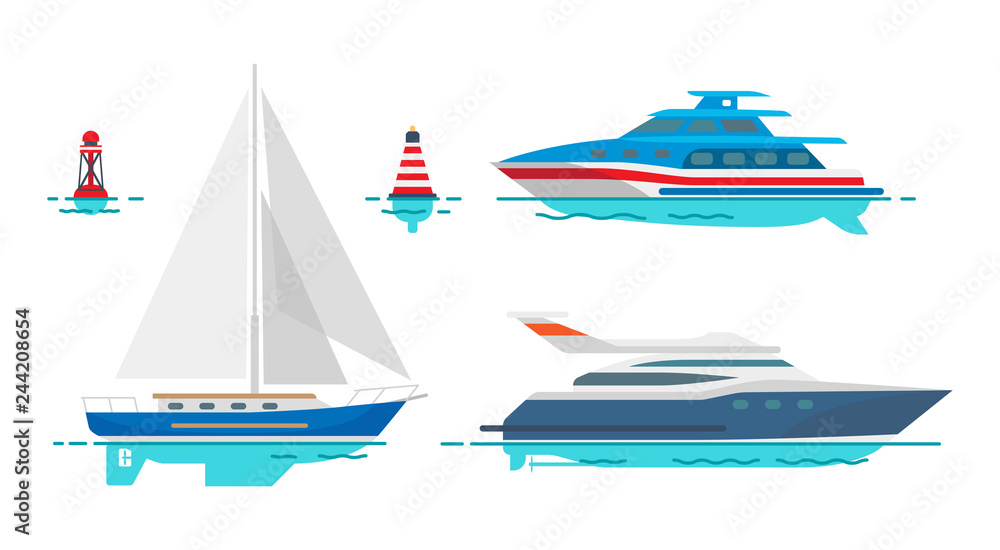 Modern Motor Yachts and White Sailboat on Water