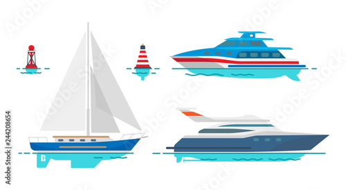 Modern Motor Yachts and White Sailboat on Water © robu_s