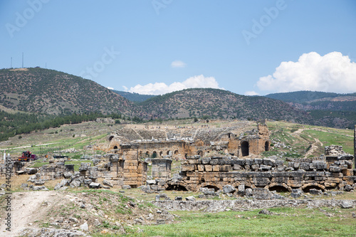 Ancient city of Hierapolis, Pamukkale, Turkey. The fascinating and beautiful beauty of the historical sites is here. Hierapolis of Phrygia, Denizli, Turkey