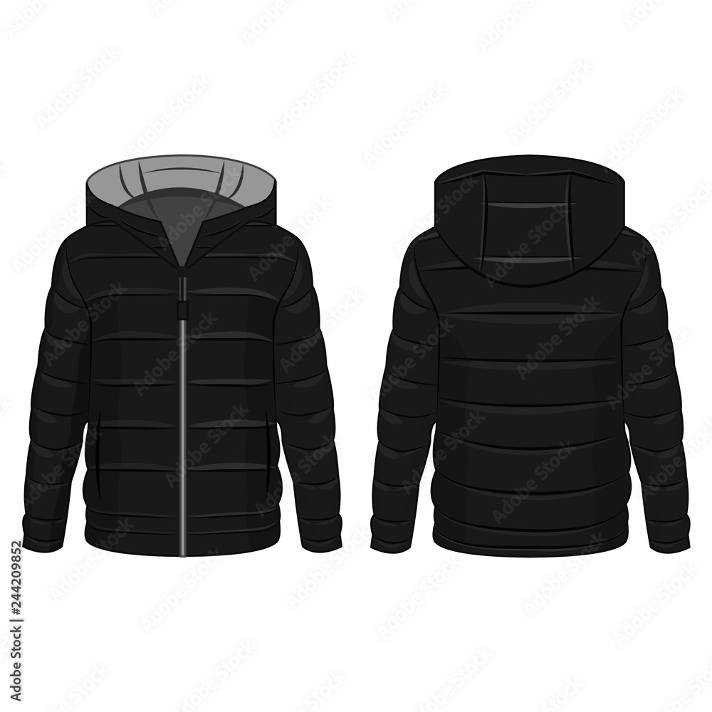 © oljgaa29 - Black winter down zipped jacket with grey hood isolated vector on the white background © oljgaa29 - Black winter down zipped jacket with grey hood isolated vector on the white background