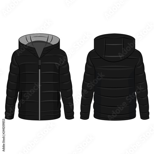 Black winter down zipped jacket with grey hood isolated vector on the white background