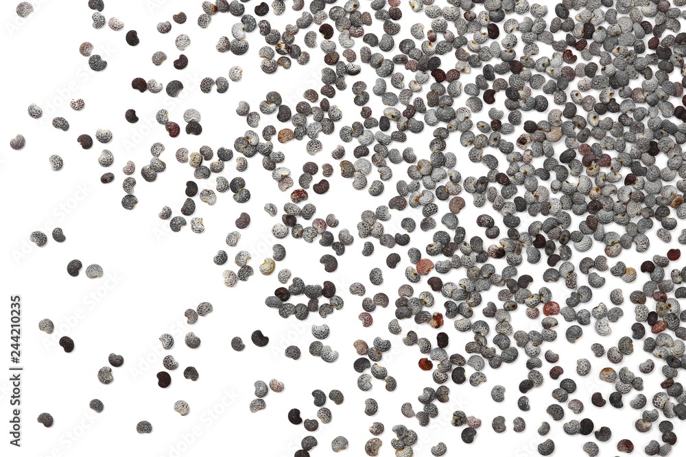 Blue poppy seeds macro isolated on white background and texture, top view Blue poppy seeds macro isolated on white background and texture, top view