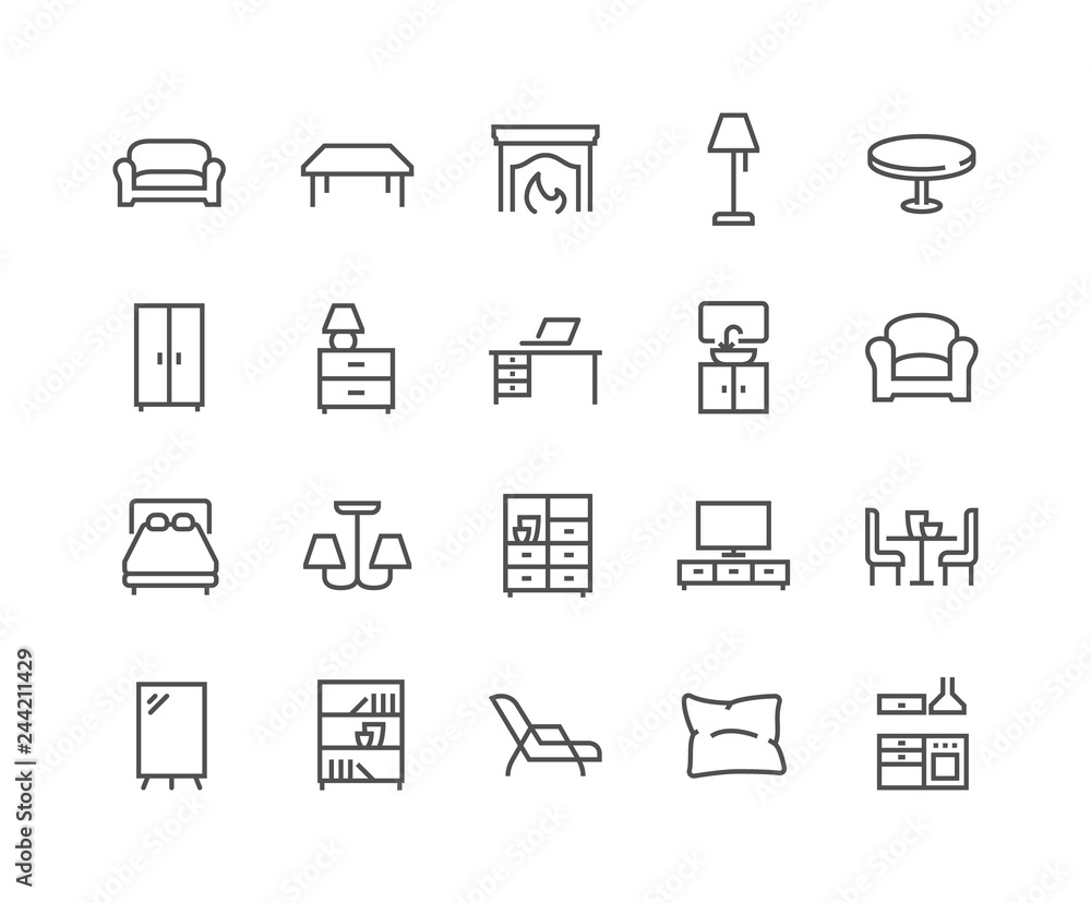 Simple Set of Furniture Related Vector Line Icons. Contains such Icons as Sofa, Table, Floor Light and more. Editable Stroke. 48x48 Pixel Perfect. Simple Set of Furniture Related Vector Line Icons. Contains such Icons as Sofa, Table, Floor Light and more. Editable Stroke. 48x48 Pixel Perfect.