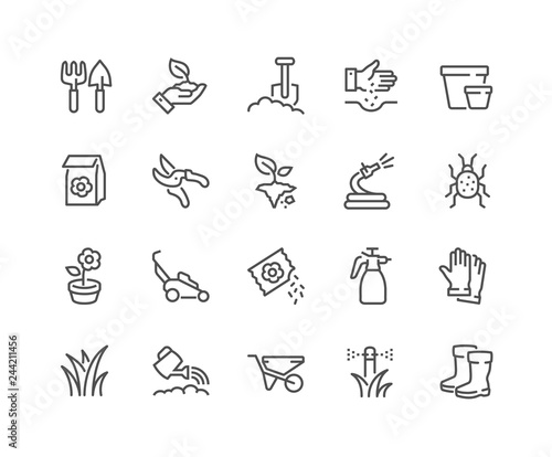 Simple Set of Gardening Related Vector Line Icons. Contains such Icons as Auto Watering, Seeding, Garden Tools and more. Editable Stroke. 48x48 Pixel Perfect.