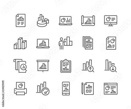 Simple Set of Graph Related Vector Line Icons. Contains such Icons as Report, Abstract Chart Presentation, Increase - Decrease Graph and more. Editable Stroke. 48x48 Pixel Perfect.