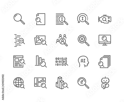 Simple Set of Search Related Vector Line Icons. Contains such Icons as Reverse Indexation, Search Bot, Artificial Intelligence and more. Editable Stroke. 48x48 Pixel Perfect. photo