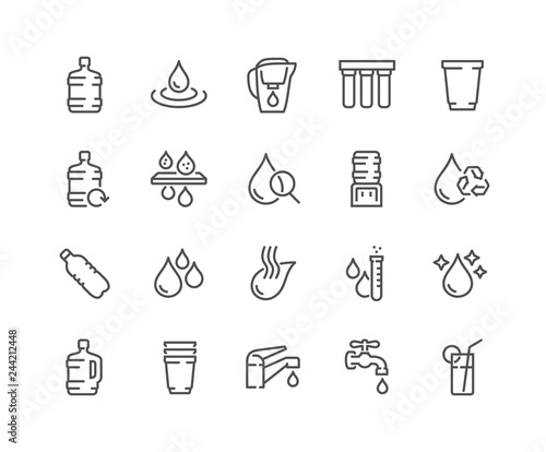 Simple Set of Water Related Vector Line Icons. Contains such Icons as Filter, Moister, Water Tap and more. Editable Stroke. 48x48 Pixel Perfect.