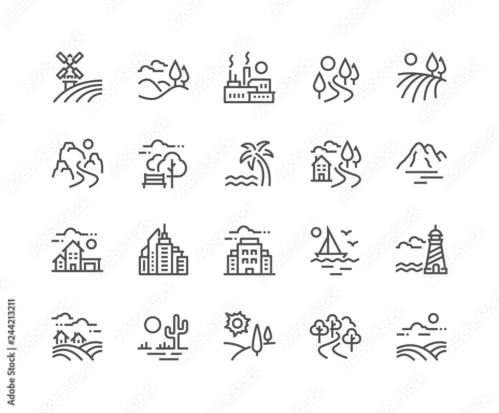 Simple Set of Landscape Related Vector Line Icons. Contains such Icons as Farm, Megapolis, Desert and more. Editable Stroke. 48x48 Pixel Perfect.