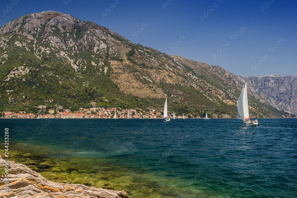 Sunny Mediterranean landscape. Montenegro, Bay of Kotor.
