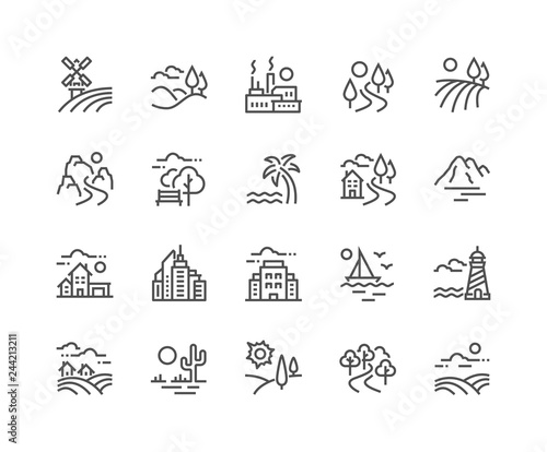 Fototapeta Naklejka Na Ścianę i Meble -  Simple Set of Landscape Related Vector Line Icons. Contains such Icons as Farm, Megapolis, Desert and more. Editable Stroke. 48x48 Pixel Perfect.