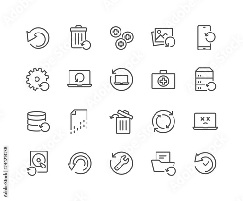 Simple Set of Recovery Related Vector Line Icons. Contains such Icons as Restore Data, Backup, Medikit and more. Editable Stroke. 48x48 Pixel Perfect. photo