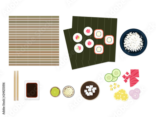 Sushi ingredients set flat lay: nori, rolls maki, wasabi, chopsticks, soy sauce bowl, plate of rice, bamboo, cucumber, avocado, tuna, lemon, oion, cheese isolated on white background top view.  photo