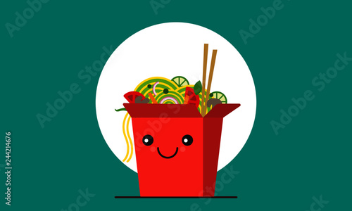 Chinese Noodle Box Character. Oriental Box Container Vector illustration. Chinese Take away box with chopsticks.  Kawaii Character
