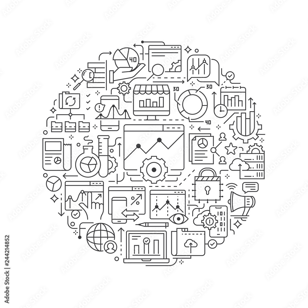 Data and Analysis concept in thin flat illustration. Data analysis line icons in round shape isolated vector illustration. Round design element with analytics data icons - Vector