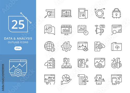 Business analysis icons. Simple set of Data analysis related vector line icons. Data analytic icon set, Included the icons as graph, chart, filter, analyst, research , growth and more