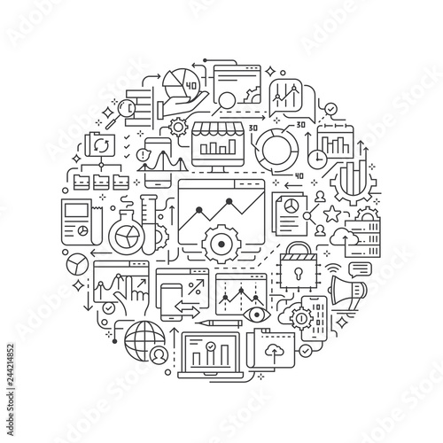 Data and Analysis concept in thin flat illustration. Data analysis line icons in round shape isolated vector illustration. Round design element with analytics data icons - Vector